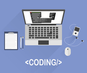 Flat design style modern vector illustration concept of programmer or coder workflow for website coding and html programming of web application. Isolated on stylish colored background