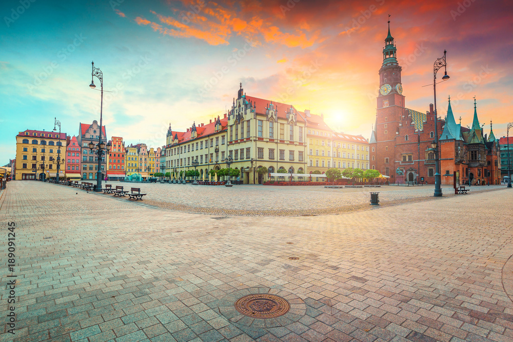 Spectacular morning scene in Wroclaw on Market Square, Poland, Europe - obrazy, fototapety, plakaty 