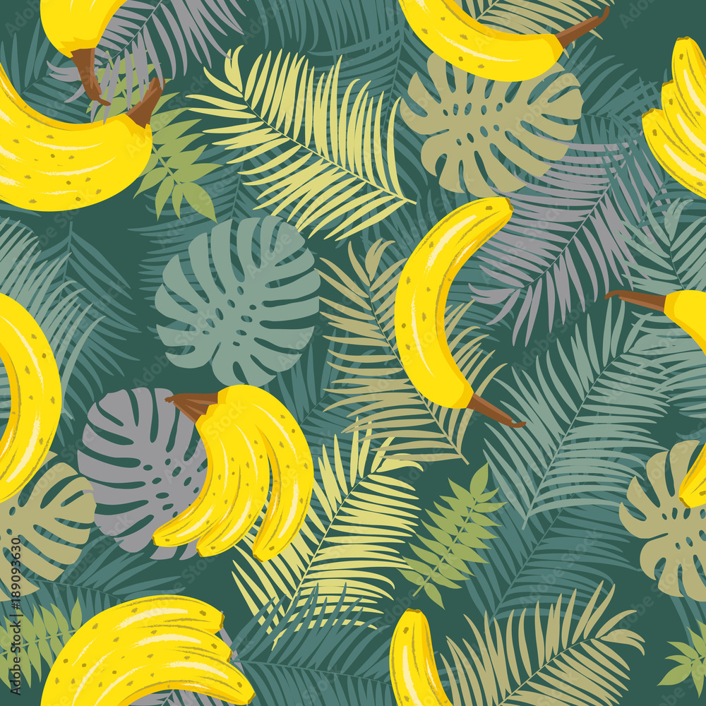 bezszwowy-wektoru-wzor-tropikalni-liscie-drzewko-palmowe-i-banan