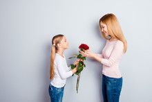 Gentle Feelings Emotions Lovely Adorable Day-off Rest Relax People Concept. Side Profile View Photo Of Sweet Cute Lovely Gentle Girl Giving Mum Three Roses On Long Stem Isolated On Gray Background