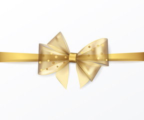 Wall Mural - Elegant shiny golden ribbon and bow. Vector realistic element for your design of gift cards or invitations. Isolated from the background.