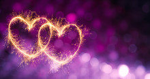 Festive Violet Purple Background With Two Glowing Hearts