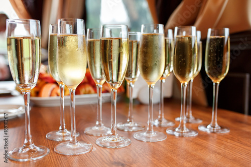Rows Of Champagne And Wine Glasses On Alcohol Party And Wedding