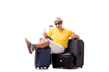 Happy young man going on summer vacation isolated on white