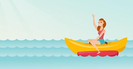 Poster - Young caucasian white woman riding a banana boat and waving hand. Cheerful woman having fun on a banana boat in the sea. Woman enjoying summer vacation. Vector cartoon illustration. Horizontal layout.