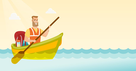 Poster - Young caucasian white traveler man riding a kayak on the river. Cheerful traveler man traveling by kayak. Concept of travel and tourism. Vector cartoon illustration. Horizontal layout.