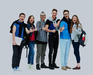 Sticker - group of smiling friends staying together and looking at camera isolated on white background.