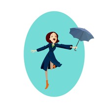 Lady In Blue Coat Girl Under Red Umbrella In The Rain