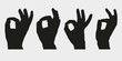Set of silhouettes of hands showing symbol OK, All right or Very good. Vector illustration.