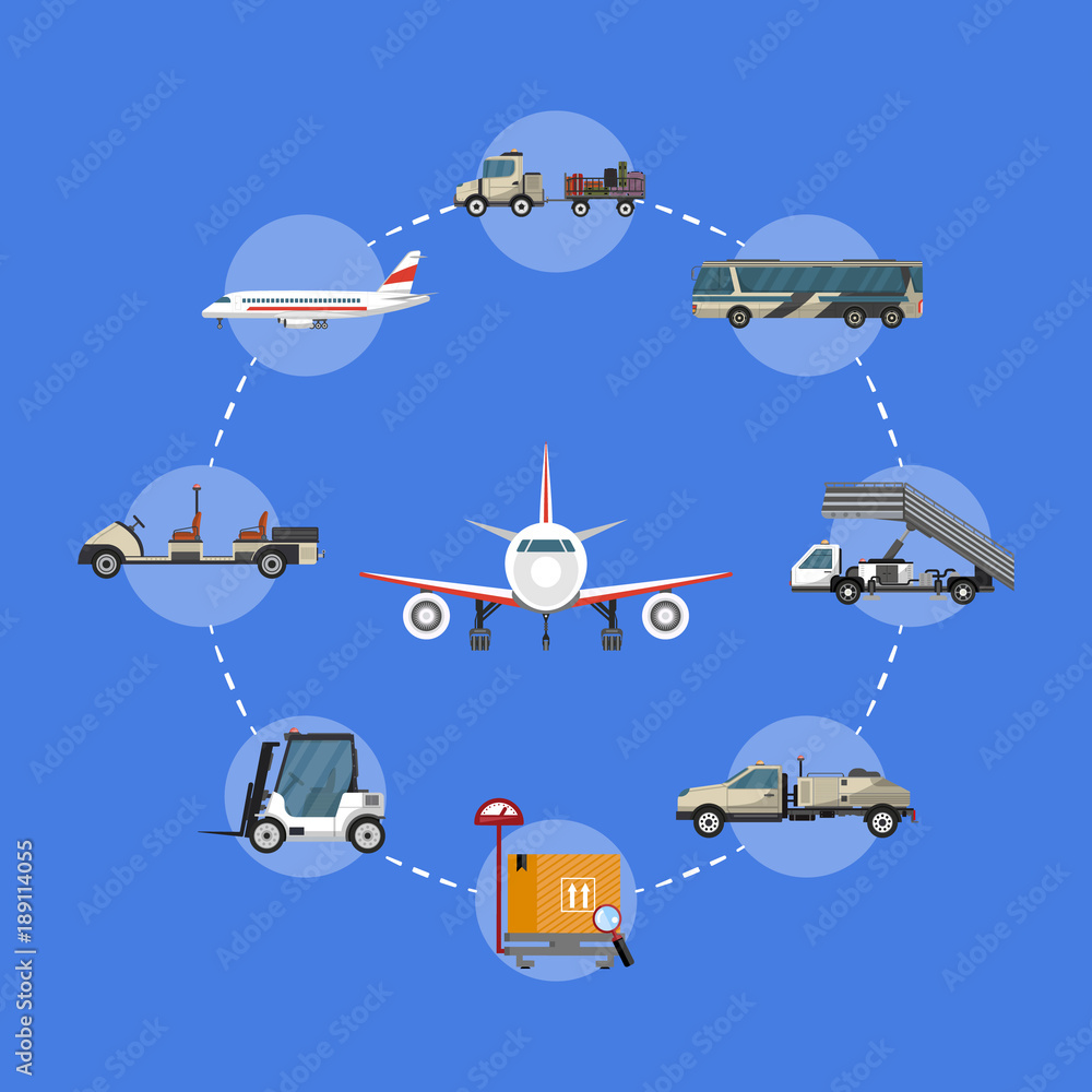 Flight Point Lorry Passenger airport flyers with ground technics. Tow truck, fright ...
