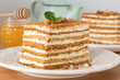 Honey cake Medovik on white plate. Layered honey cake. Closeup view