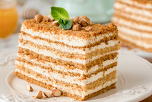 Honey cake Medovik on white plate. Layered honey cake. Closeup view