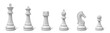 3d rendering of all six different chess pieces of black color standing in line.