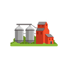 Agricultural Silo Towers And Farm Buildings, Countryside Life Object Vector Illustration