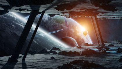 Wall Mural - Astronauts exploring an asteroid spaceship 3D rendering elements of this image furnished by NASA