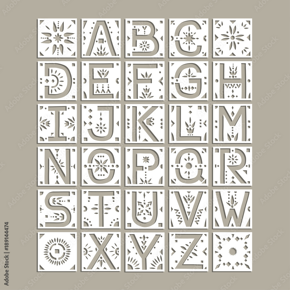 Vector capital alphabet. Squares with cut letters and geometric patterns for a laser cutting template of paper and vinyl. For wedding design, monograms, initials. Stock Vector | Adobe Stock vector-capital-alphabet-squares-with-cut-letters-and-geometric-patterns-for-a-laser-cutting-template-of-paper-and-vinyl-for-wedding-design-monograms-initials-stock-vector-adobe-stock