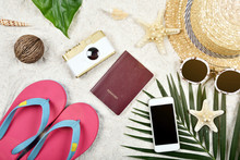 Summer And Travel Essentials Preparation, Travel Accessories, Passport Sunglasses And Camera.