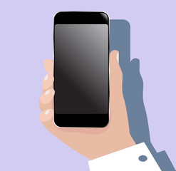 Hand with mobile phone (smartphone). Web flat icon with free blank space for your text on phone screen.  Isolated eps 10 vector on white background.