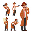 Cartoon private detective. Police inspector vector character set