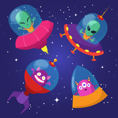 Wall Mural - cartoon funny aliens with ufo in duck starry sky vector set