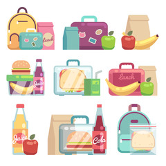 Wall Mural - School snacks bags. Healthy food in kids lunch boxes vector set