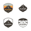 Ski Club, Patrol Labels. Vintage hand drawn mountain winter camp explorer badges. Outdoor adventure ski patrol logo design. Travel patch, hipster print. Retro colors, monochrome emblems. Stock Vector