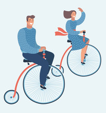 Happy Young Man And Woman Characters Couple Riding Tretro Bicycle Isolated 
