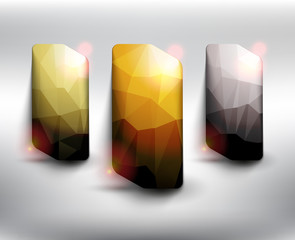 Wall Mural - Abstract vector crystal banner set of 3. Low poly vertical banners in 3 different colors. Isolated with realistic, transparent shine and shadow on the light background. Vector illustration. Eps10.