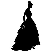 Silhouette Of A Young Pretty Woman In Long Dress With Frill, Fluffy Skirt. Bride Silhouette In Luxury Ball Gown For Design, Prints, Posters, Decor, Web. Slim Female Model In Antique Dress With Corsage