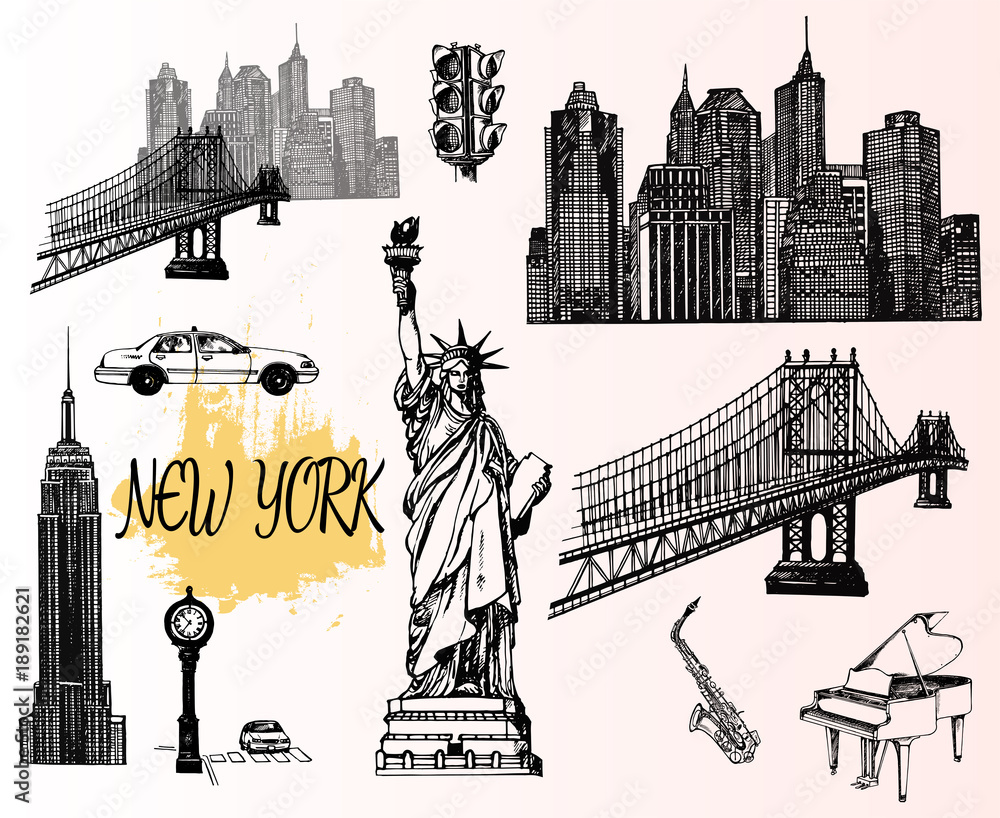Set of hand drawn sketch style New York themed isolated objects. Vector ...