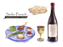 Hand Drawn Watercolor Set Of Holiday Jewish Food. Seder Pesach Plate, Matzah And Wine. Passover Meal.