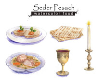 Hand Drawn Watercolor Set Of Holiday Jewish Food. Seder Pesach Dishes: Gefilte Fish, Matzah, Wine, Matzo Balls Soup. Passover Dinner.
