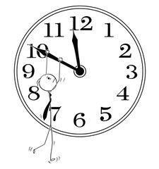 Canvas Print - Cartoon stick man drawing conceptual illustration of businessman hanging on clock hand. Business metaphor of deadline and stress.