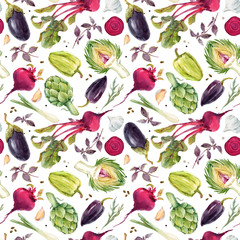 Wall Mural - Watercolor vegetable vector pattern