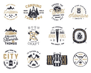 vintage hand drawn travel badge and emblem set. hiking labels. outdoor adventure inspirational logos