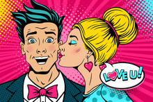 Wow Couple. Happy Young Surprised Man With Open Mouth And Sexy Woman In Profile Kissing Him And Love You Speech Bubble. Vector Background In Retro Pop Art Comic Style. Valentines Day Party Poster.
