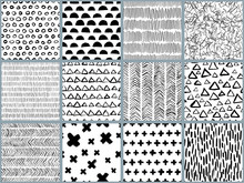 Set Of Vector Black White Hand Drawn Seamless Pattern. Abstract Watercolor, Ink And Marker Texture And Background. Trendy Scandinavian Design Concept For Fashion Textile Print, Wrapping Or Packaging.