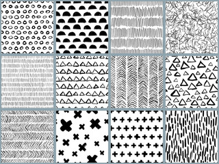 Set of vector black white hand drawn seamless pattern. Abstract watercolor, ink and marker texture and background. Trendy scandinavian design concept for fashion textile print, wrapping or packaging.