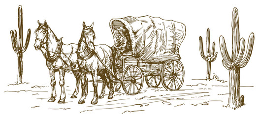 Wall Mural - Western scenery with old wagon.