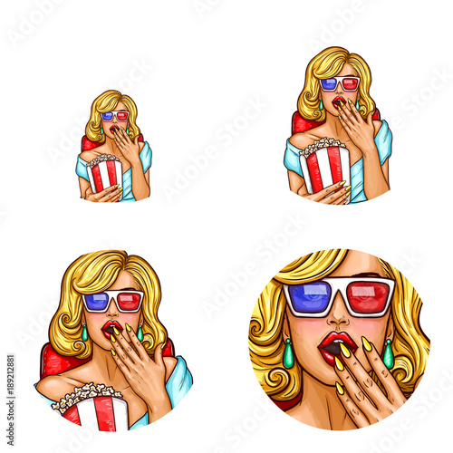 Fotografia Vector pop art avatar, icon of pin up sexy girl in 3d glasses inside the cinema with popcorn