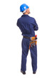 Back view of young worker standing on a white background