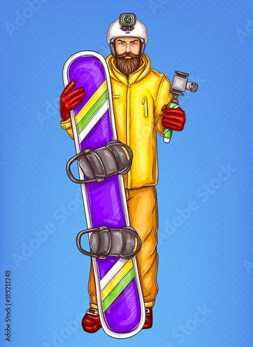 Fotografie, Obraz Pop art snowboarder man vector sketch illustration