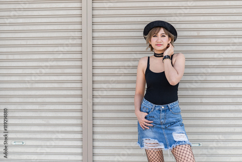 Portrait Of Beautiful Asian Woman Short Hair Wear Black Dress And