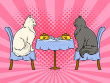 Cats On Date In Cat Restaurant Pop Art Vector