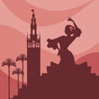 Silhouette of flamenco dancer, palms and monuments in Seville. (The Giralda)