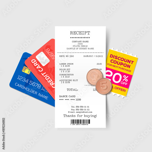 Vector Sales Printed Receipt With Credit Card Discount Coupon And Coins Bill Atm Template Cafe Or Restaurant Paper Financial Check Vector Illustration Stock Vector Adobe Stock