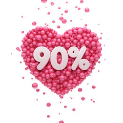 Wall Mural - 90% or ninety percent Pink heart and red balloons, ball. 3D Illustration for Social Network friends, followers, Web user Thank you celebrate of subscribers or followers and likes.