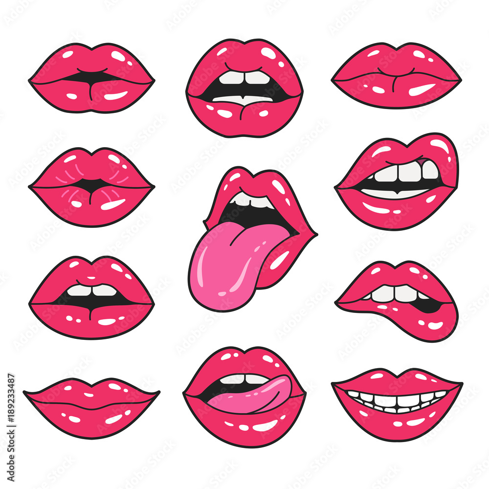 Lips patches collection. Vector illustration of sexy doodle woman's lips expressing different emotions, such as smile, kiss, half-open mouth, biting lip, lip licking, tongue out. Isolated on white. - obrazy, fototapety, plakaty 