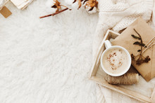 Winter Cozy Background With Cup Of Coffee, Warm Sweater And Old Letters. Flat Lay For Bloggers