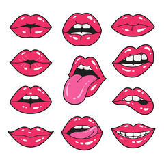 lips patches collection. vector illustration of sexy doodle woman's lips expressing different emotio